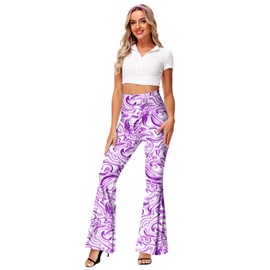 70s Flare Pants for Women Parties Disco 60s Hippie Pants Ripple Skinny Purple Yoga Trousers S