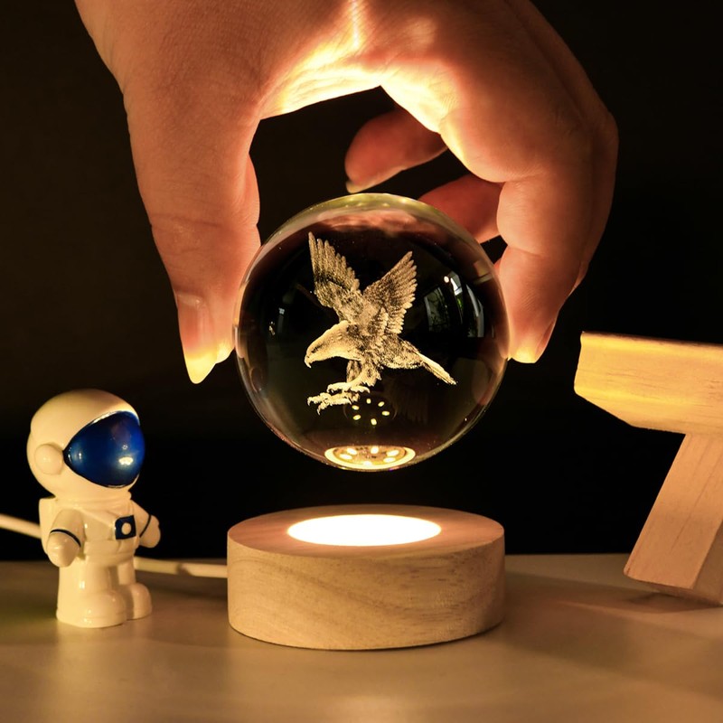 3D Laser Engraved Eagle Crystal Ball, Animal Figurine Decor Glass