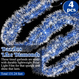 Ceenna 32.8 Feet by 3.5 Inch Christmas Tinsel Garland with 32.8 Feet 100 LED Lights for Xmas Tree Party Christmas Decorations, Room Decor, Wedding, Birthday, Party Supplies (4 Pcs,Blue)