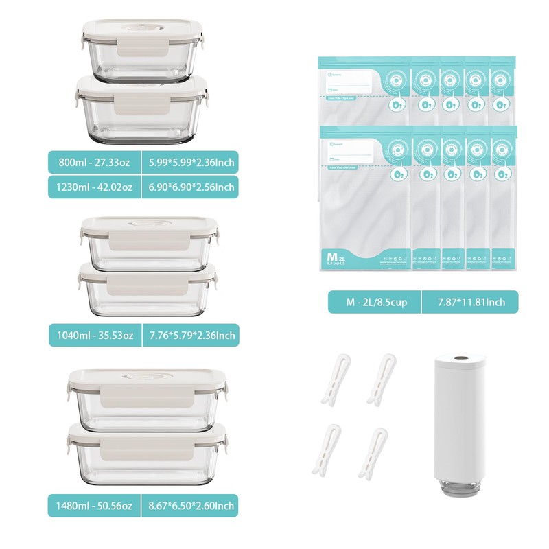 Domsanistor Vacuum Seal Glass Food Storage Containers, 6pcs Containerswith 10pcs