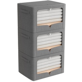 FHSQX 3 Pack Extra Large Clothes Storage Bins Foldable Metal Frame Storage Box Stackable Linen Fabric Organizer Set with Carrying Handles and Clear Window (Dark Gray, 23.6x16.5x15.7inch(100L))