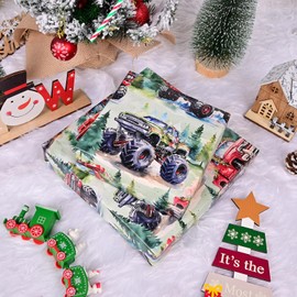 Vnaaem Truck Christmas Wrapping Paper for Boys Kids - Monster Truck with Green Xmas Trees Design Gift Wrap for Birthday Holiday Party Winter Baby Shower Wedding,19.6 X27.9Inch(6 Sheets)