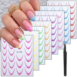 8 Sheets French Tip Nail Stickers with Tweezers 3D Self Adhesive Multi Color French Tip Nail Art Stickers Gradient French Nail Decals Nail Designs Sticker for Women Girl DIY Nail Decor