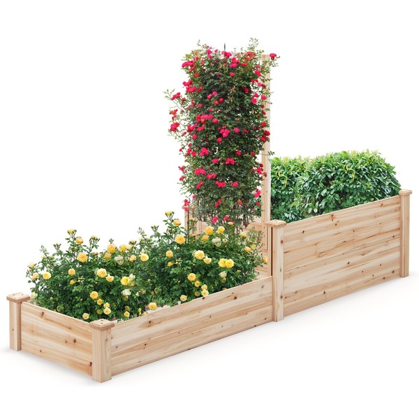 HAPPYGRILL Raised Garden Bed with Trellis, Wood Garden Box w/Open