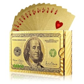 Gold Diamond Playing Cards - Durable and Waterproof, Perfect for Magic, Poker, Parties, and Special Occasions. Ideal for Memorable Gifts. ($100 Bill Theme, 1 Deck)