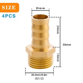 Brass Hose Nozzle G1/2 Inch Diameter 20.3 mm Male x 1/2 Inch Nozzle, Pack of 4 Hose Nipple Connectors Brass 13 mm Barb x G1/2 Inch Pipe Adapter, Hose Nozzle Screw Connection Thread Fitting Brass