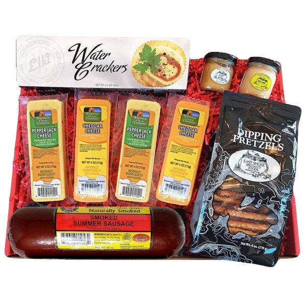 Specialty Gift Basket - features Smoked Summer Sausages, 100% Wisconsin Cheeses, Crackers, Pretzels & Mustard. Best Birthday Gifts , Valentine's Day Gifts. Cheese Gifts!
