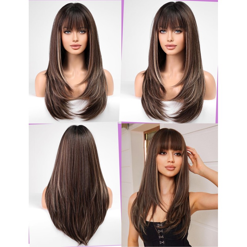 WOKESTAR Brown Wigs for Women Layered Straight Long Wig with