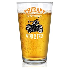 Therapy Is Expensive Wind Is Free Beer Glass Motorcycle Gifts Rider Biker Motorcyclist Dad Husband Brother Boyfriend Pint Glasses Clear Drinking Glass 16 oz