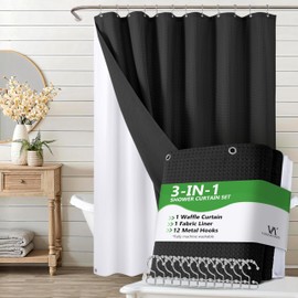 VANZAVANZU Luxury 3 in 1 Shower Curtain Set 3D Textured Waffle Weave Bathroom Curtain with Waterproof SGS Certified Fabric Liner & 12 Anti-Fall Stainless Steel Hooks, Machine Washable 72"x84" (Black)