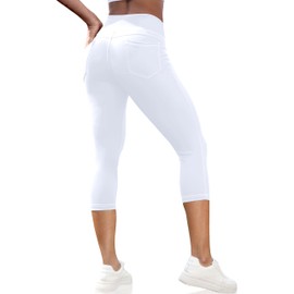 VOOVEEYA Capri Leggings for Women, High Waisted Yoga Pants with Back Pockets Crop Workout Capris Pants (Capri White M)
