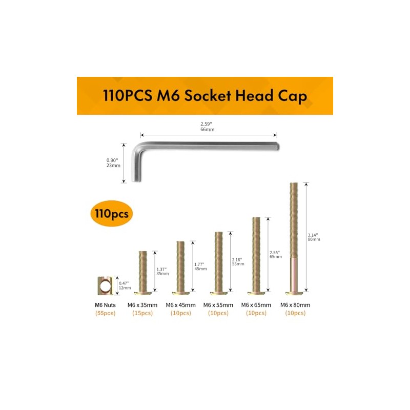 XOOL 110 PCS M6×80/65/55/45/35 mm Hex Socket Head Cap Screw