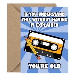 Joke Birthday Card, Retro Cassette Birthday Card, 7 x 5 inches, Humorous Design with Pencil Illustration, Includes Brown Envelope