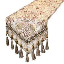 kilofly Elegant Floral Brocade Jacquard Table Runner Tassels (96 x 12 inches)