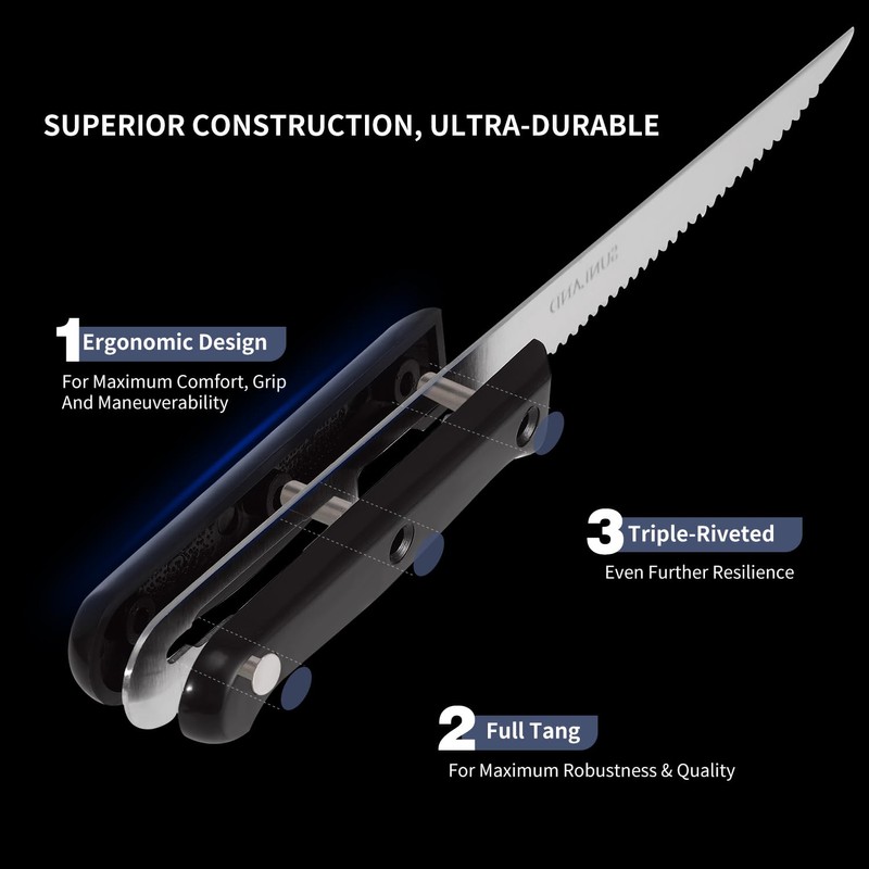 SUNALND Steak Knives Set,Micro Serrated Edge Full Tang Triple Riveted