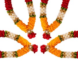 Aditri Creation Set of 4 Red Orange Artificial Flowers Ribbon Garland Haar Mala for Idol-Mala for God, Pooja Sringar Articles Ornament (4 Inches)