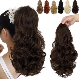 FELENDY 15" Ponytail Extension Drawstring Curly Wavy Ponytail Extensions Clip in Long Pony Tails Hair Cute Synthetic Piece for Women Medium Brown