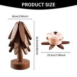 3Pc Wooden Trivet for Hot Dishes with 1pc Stand Natural Foldable Wooden Tree Trivet Tree Shape Table Mat Set Coaster for Teapot Hot Pots