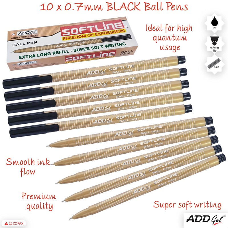 SoftLine Ballpoint Pens, BLACK, Fine Point (0.7mm), Pack of 10,