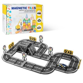 GQIRIL Magnetic Tiles Road for Kids - Magnet Tiles Road Set with Car, Race Track Building Blocks Montessori Toys for Ages 3-5 4-8, Educational Learning Racing Construction Birthday Gifts