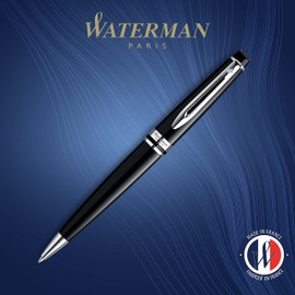 Waterman Expert Ballpoint Pen, Gloss Black with Chrome Trim, Medium Tip, Blue Ink, Gift Box