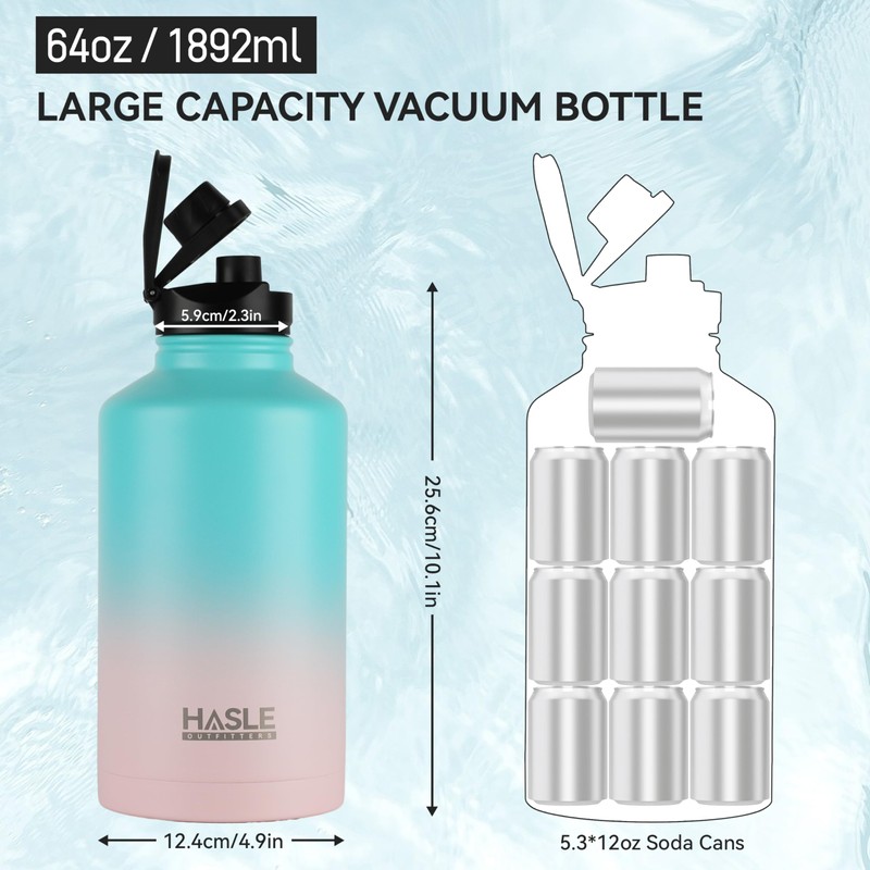 HASLE OUTFITTERS Half Gallon Insulated Water Bottles 64 oz, Stainless
