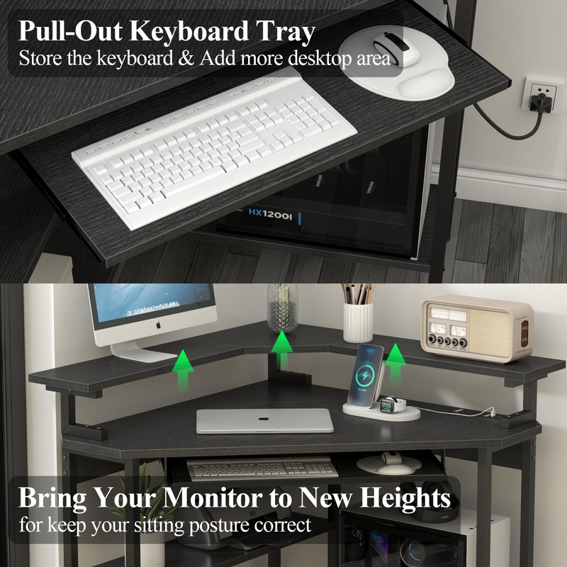 Auromie Corner Desk with Charging Station & LED Light, Triangle