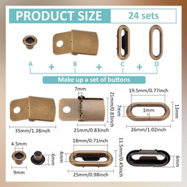 BENECREAT 24 Sets Antique Bronze Brass Hat Cap Buckle, Baseball Cap Adjustment Buckle Fasteners with Eyelets, Hat Push Button Replacement for Backpack Straps, Antique Bronze