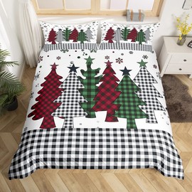 Kids Christmas Pine Tree Duvet Cover Set Queen Size,Snowflake Colorful Bedding,Girls Boys Adults Room/Xmas Cabin Decor,Geometric Plaids Comforter Cover,Rustic Vintage Quilt Cover,3pcs,2 pillowcases