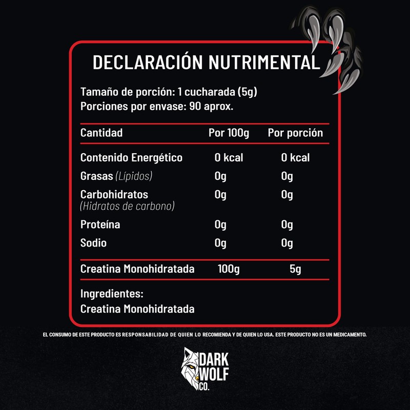 Creatina Monohidratada Dark Wolf, Alta Pureza, 100% Natural, Sin OGM,