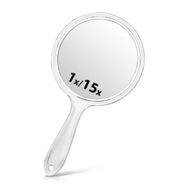 Macaki Hand Mirror, Double-Sided 1X/15X Magnifying Mirror with Handle, Acrylic, 8.3" L x 4.5" W, Clear, Pack of 1