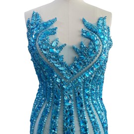 GeRRiT Pure Handmade Large Beads Rhinestones lace Applique Bodice Patches Trimming sew on Sequins Stones Beads Shining Heavy Decoration for Wedding Dress DIY Accessories 14X25in (Sky Blue)