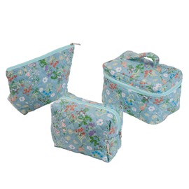 Sparkle Being Wildflower Floral Quilted Cotton Cosmetic Zipper Pouch, Large Capacity Makeup Accessories Storage Bag for Women Girls, Aesthetic Coquette Travel Toiletry Organizer (Set of 3)