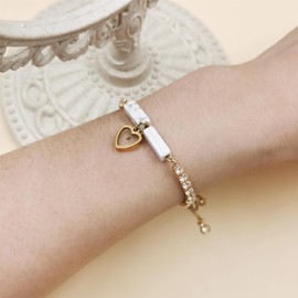 JunyiDIY Herzförmiger Senfsamen-Anhänger, Tennis-Armband mit vergoldeter Zirkoniakette, Schiebe-Naturstein-Bar-Armband für Damen, Geburtstage, Abschlussfeiern, Schmuckgeschenk, adjustable, Stein,