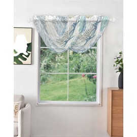 Hokiten Blue Coastal Sheer Waterfall Valances for Window, Summer Beach Teal Coral Rod Pocket Sheer Curtain Topper, Starfish Nautical Swag Curtains for Living Room, Kitchen, 38.5"W x 47.2"L, 3 Panels