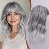 Hair Topper with Bangs 16 Inch Silver Cool Tone Wavy