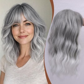 Hair Topper with Bangs 16 Inch Silver Cool Tone Wavy Hairpiece 6.5x6.5 Base