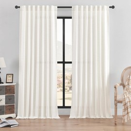 Linen Light Filtering Curtains/Drapes, White Sheer Linen Curtains 96 inches long for Living Room Sliding Door Thin Window Curtains/Drapes for Bedroom,Waffle textured, 2 Panel Sets 52"Wx96"L