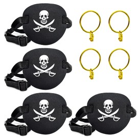 Vandorla 4 Pack Pirate Eye Patch - Skull Crossbone, Super Soft Captain Patches With Gold Earrings - Adjustable Medical for Adults