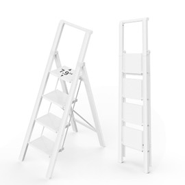WOA WOA 4 Step Ladder, Stepping Ladder with Wide Rungs, Folding Aluminum Ladder with Non-Slip Feet, Portable Lightweight Ladder with Handle, Easy to Store, 330 lbs Load - White