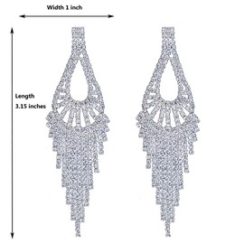 CHRAN Silver Crystal Teardrop Dangle Earrings Rhinestone Chandelier Bridal Jewelry Long Size 2.87"