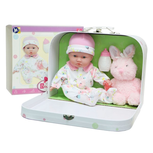JC Toys - La Baby Travel Case Gift Set| Caucasian 11-inch Small Soft Body Baby Doll | Washable | Cute Outfit, Bottle, Pacifier & Plush Bunny | for Children 12 Months +, Pink