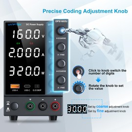 DC Power Supply 0-160V 0-2A, Bench Power Supply with Encoder Knob, Adjustable Regulated Power Supply with 5V 3.6A USB & Type-C Quick-Charge, Variable Power Supply with Overcurrent Protection