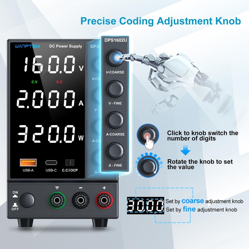 DC Power Supply 0-160V 0-2A, Bench Power Supply with Encoder