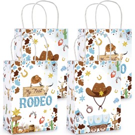 INCOK My 1st Rodeo Birthday Decorations Boy - 16 Pcs Cowboy Theme Gift Bags with Handle Tissue Paper, My First Rodeo Party Favors for Boy 1st Birthday Western Decor, 5.91 x 3.15 x 8.27 inch