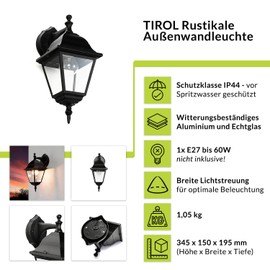 Outdoor Applique Wall Lamp "Tirol" / Garden Lantern / Outdoor Lighting / Black / IP44 rated