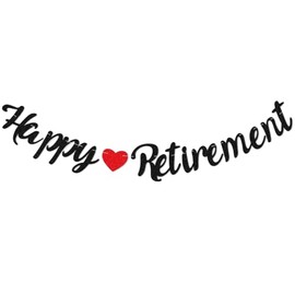 Glitter Black Happy Retirement Banner,Happy Retirement Bunting Banner Retired Party Decoration with Red Heart Design for Office Farewell Goodbye Party Supplies Photo Props Backdrop