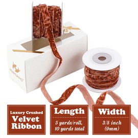 HUIHUANG Rust Red Velvet Ribbon 3/8 inch Crushed Thin Velvet Ribbon for Christmas Tree Ornaments, Gift Wrapping, Wreath Decoration, Invitations, Holiday Home Decor, Bows, Flower Bouquet -10 Yards