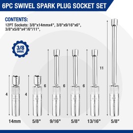 WORKPRO 6 PC Spark Plug Socket, Includes 9/16-inch, 5/8-inch, 13/16-inch, 14mm Magnetic Swivel Sockets with 4, 6, 11-inch Extensions, 3/8" Drive with 12 Points, Magnetic Core