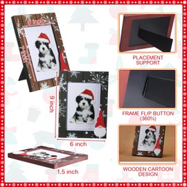Qunclay 3 Pcs Christmas Picture Frame Winter Snowflakes Wood Picture Frame for Tabletop Photo Display, Red White and Wood Color Frame